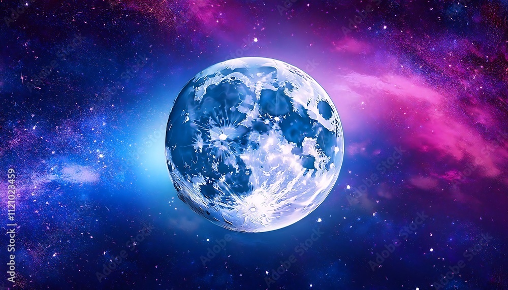 A bright, full moon glows against a vibrant, blue and pink nebula, stars scattered across the cosmic backdrop. A bright, full moon glows against a vibrant, blue and pink nebula, stars scattered across the cosmic backdrop.