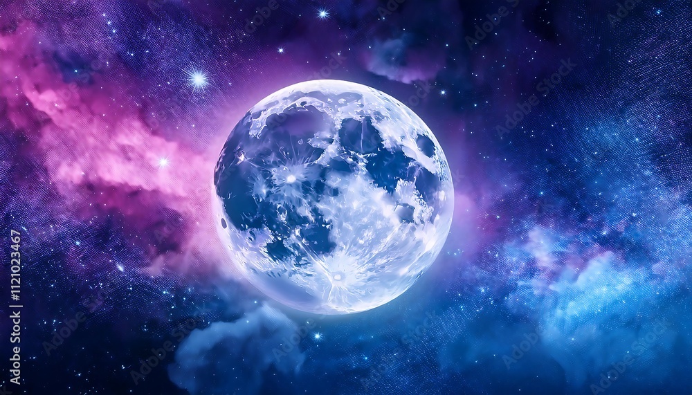 Obraz premium A bright, full moon glows against a vibrant, blue and pink nebula, stars scattered across the cosmic backdrop.