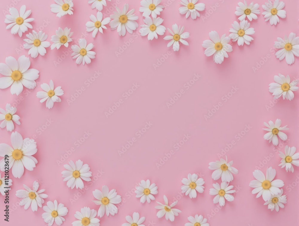 Daisy Flower Frame on Pastel Pink Background, Floral Flat Lay Daisy Flower Frame on Pastel Pink Background, Floral Flat Lay