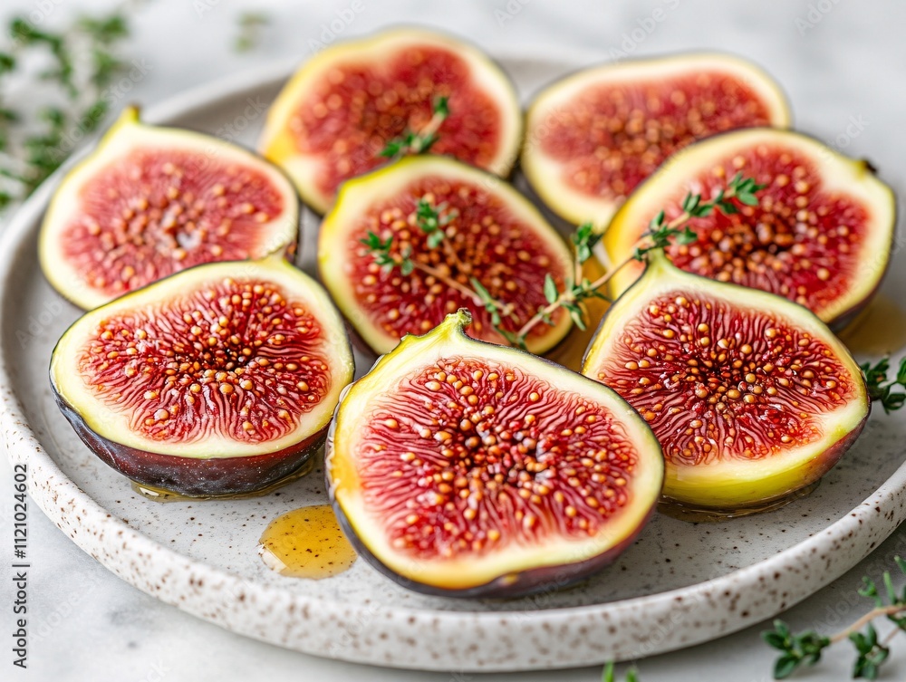 Fresh figs sliced and arranged on a speckled plate, garnished with thyme, showcasing their vibrant red interior and unique texture. Fresh figs sliced and arranged on a speckled plate, garnished with thyme, showcasing their vibrant red interior and unique texture.