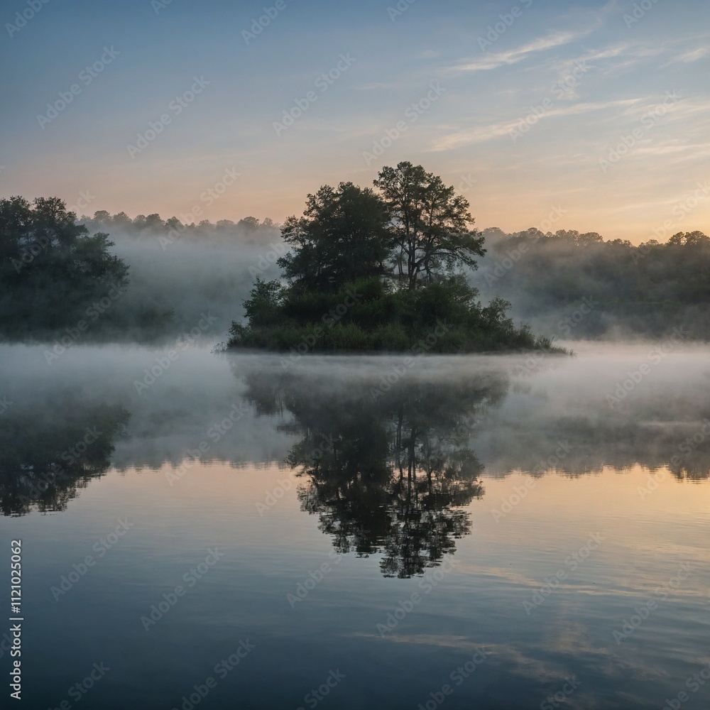 Fototapeta premium A tranquil lake at dawn with mist rising off the water.