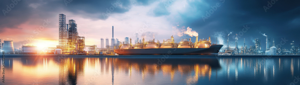 large LNG storage facility integrated with renewable energy sources, showcasing modern industrial landscape at sunset. scene reflects innovation and sustainability in energy production large LNG storage facility integrated with renewable energy sources, showcasing modern industrial landscape at sunset. scene reflects innovation and sustainability in energy production