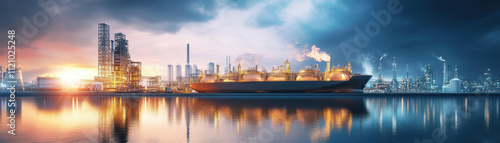large LNG storage facility integrated with renewable energy sources, showcasing modern industrial landscape at sunset. scene reflects innovation and sustainability in energy production