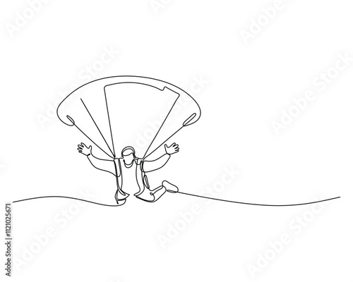 line drawing of a person parachuting with arms outstretched, holding onto the parachute cords, and legs bent as if landing. The open parachute canopy above captures the dynamic and adventurous moment