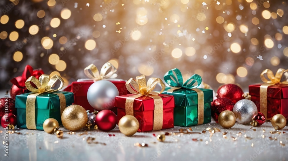 Christmas decorations background with gift boxes, confetti and bokeh Christmas decorations background with gift boxes, confetti and bokeh