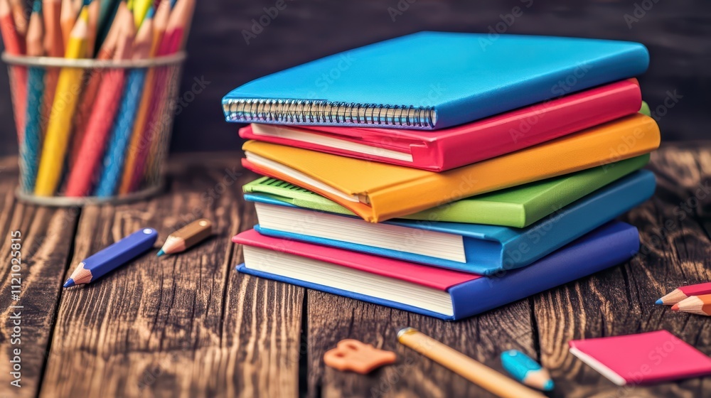 A colorful stack of notebooks and stationery on a wooden desk. A colorful stack of notebooks and stationery on a wooden desk.