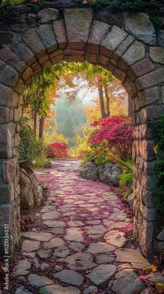 Fototapeta premium Autumnal Garden Pathway Through Stone Arch