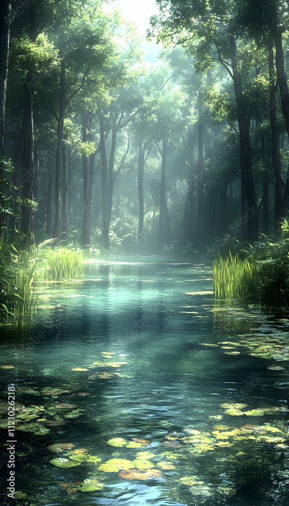 Obraz premium Serene forest stream with sunlight filtering through the trees and lily pads floating on the water.