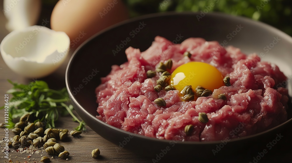 Fresh raw ground meat with an egg and capers on a wooden table. Fresh raw ground meat with an egg and capers on a wooden table.