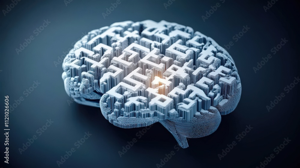 Abstract Representation of a Human Brain with Intricate Maze Pattern Symbolizing Complex Thought Processes and Intellectual Challenges in a Modern Digital Context Abstract Representation of a Human Brain with Intricate Maze Pattern Symbolizing Complex Thought Processes and Intellectual Challenges in a Modern Digital Context