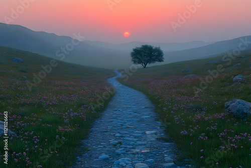 Wallpaper Mural Serene sunrise over a winding path through a flowering meadow, single tree, misty mountains. Torontodigital.ca