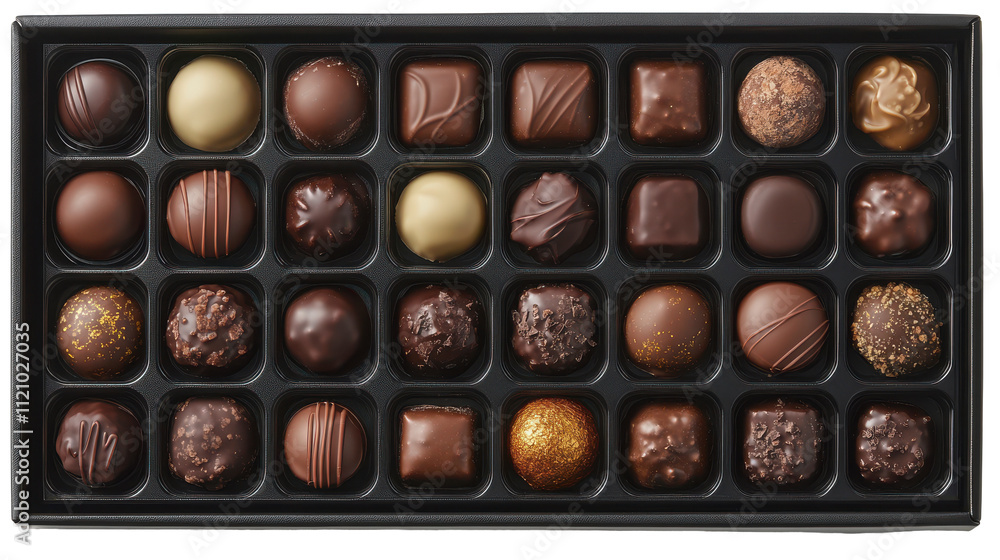 Assorted chocolate box, rich flavors, variety of shapes and textures, elegant presentation, perfect gift, indulgent treat Isolated on white background or PNG Assorted chocolate box, rich flavors, variety of shapes and textures, elegant presentation, perfect gift, indulgent treat Isolated on white background or PNG