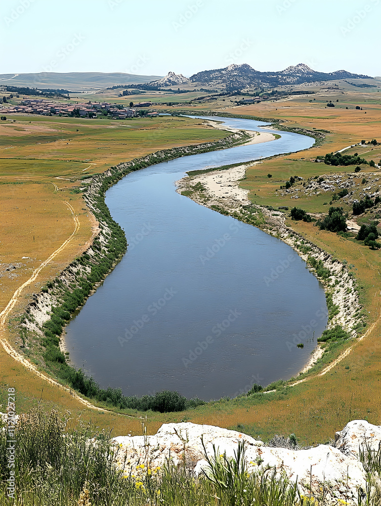 Serpentine river meandering through vast, dry plains under a clear sky. Serpentine river meandering through vast, dry plains under a clear sky.