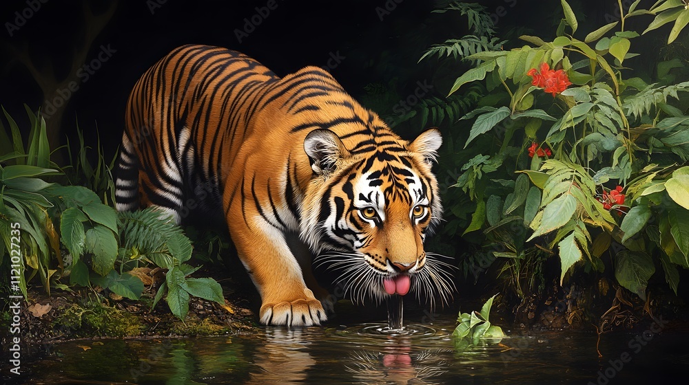 Tiger drinking from jungle stream wildlife photography lush green environment close-up view nature conservation concept Tiger drinking from jungle stream wildlife photography lush green environment close-up view nature conservation concept