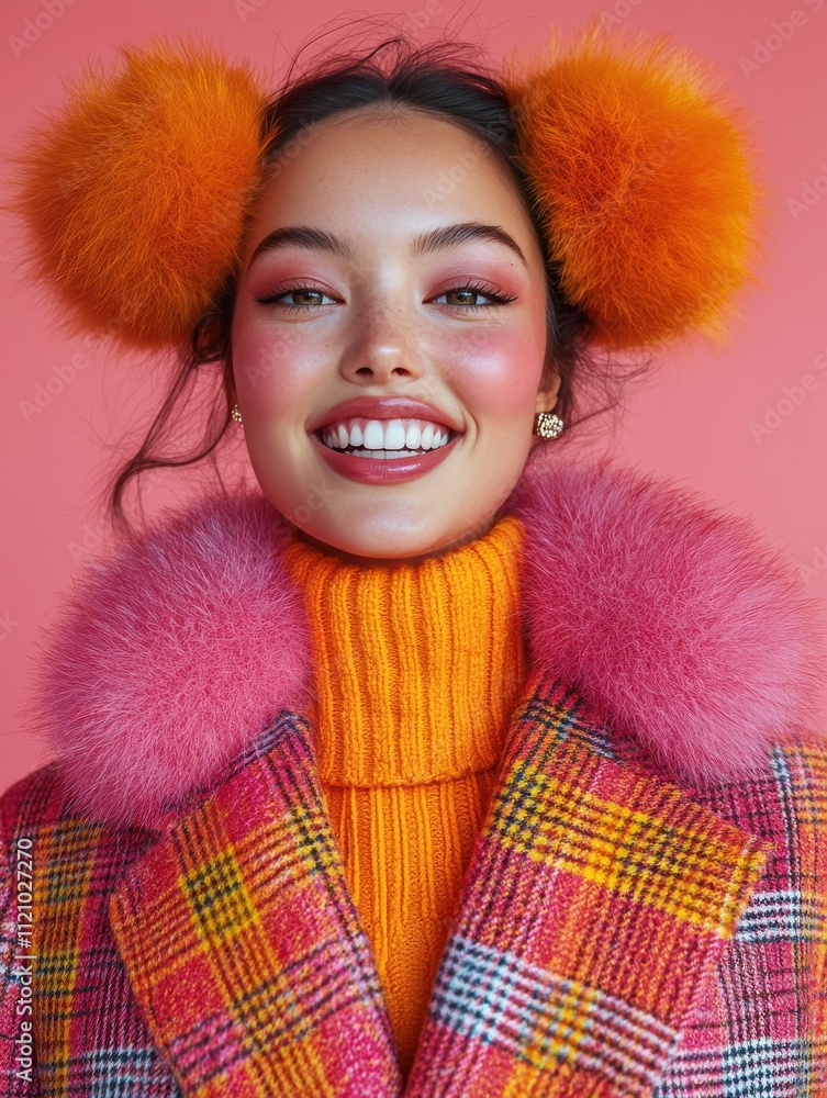 A woman wearing a beanie and a floral color fur jacket A woman wearing a beanie and a floral color fur jacket