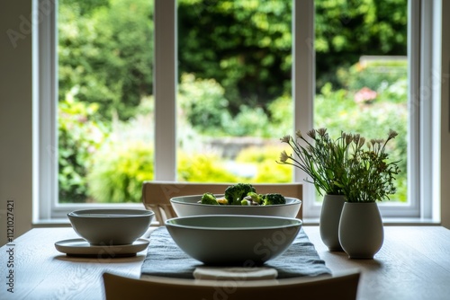 A minimalist dining room set with a healthy and colorful plant-based meal, with clean lines and a view of a lush garden through large windows, Sustainable dining scene photo