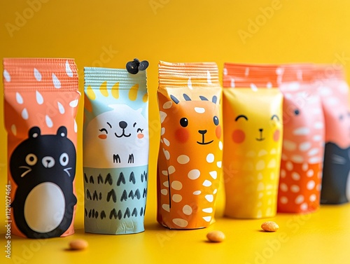 Colorful animal-themed snack packaging stands out against a bright yellow background, featuring playful designs that appeal to children. photo