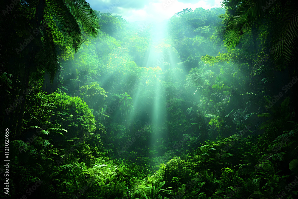 Obraz premium Sunbeams pierce dense, lush rainforest canopy, illuminating vibrant green foliage.