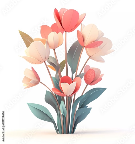 3D cartoon tulip bouquet, simple shapes and lines, soft colors, white background, simple, cute style, pink color, green leaves, cartoon style,