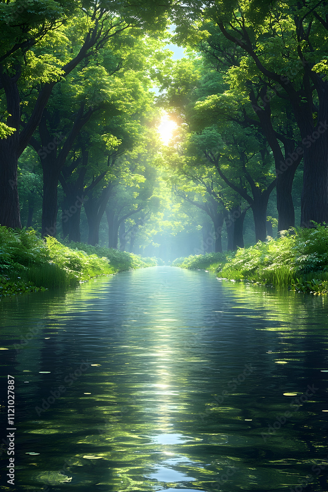 Sunlit stream flows through lush green forest trees. Sunlit stream flows through lush green forest trees.