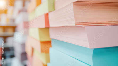 Freshly produced paper reams stacked in vibrant colors, showcasing variety of pastel shades. organized display highlights texture and quality of paper