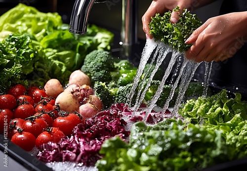 Washing Fresh Vegetables Under Running Water photo