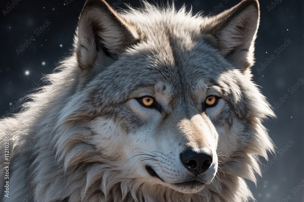 Fototapeta premium Majestic wolf portrait against a night sky.