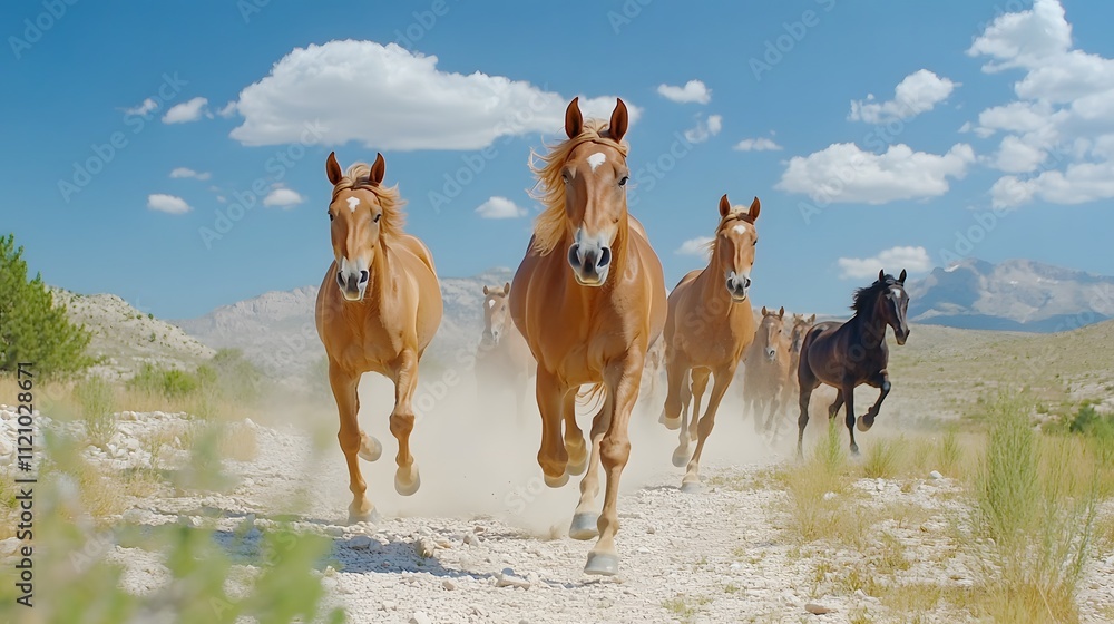 Wild horses galloping across a vast desert plain nature photography open landscape dynamic action shot Wild horses galloping across a vast desert plain nature photography open landscape dynamic action shot