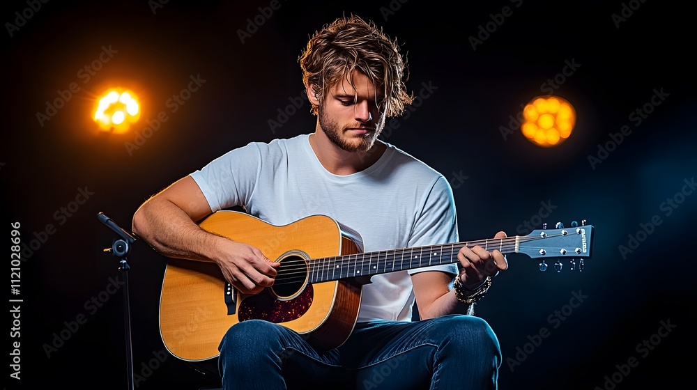 Obraz premium Musician performing acoustic guitar solo dimly lit venue live music event intimate setting side view artistic expression