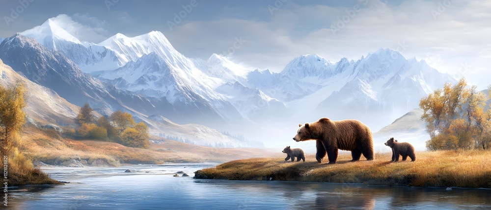 Mother bear and cubs walking along a riverbank in a scenic mountain landscape nature photography peaceful environment wildlife concept Mother bear and cubs walking along a riverbank in a scenic mountain landscape nature photography peaceful environment wildlife concept