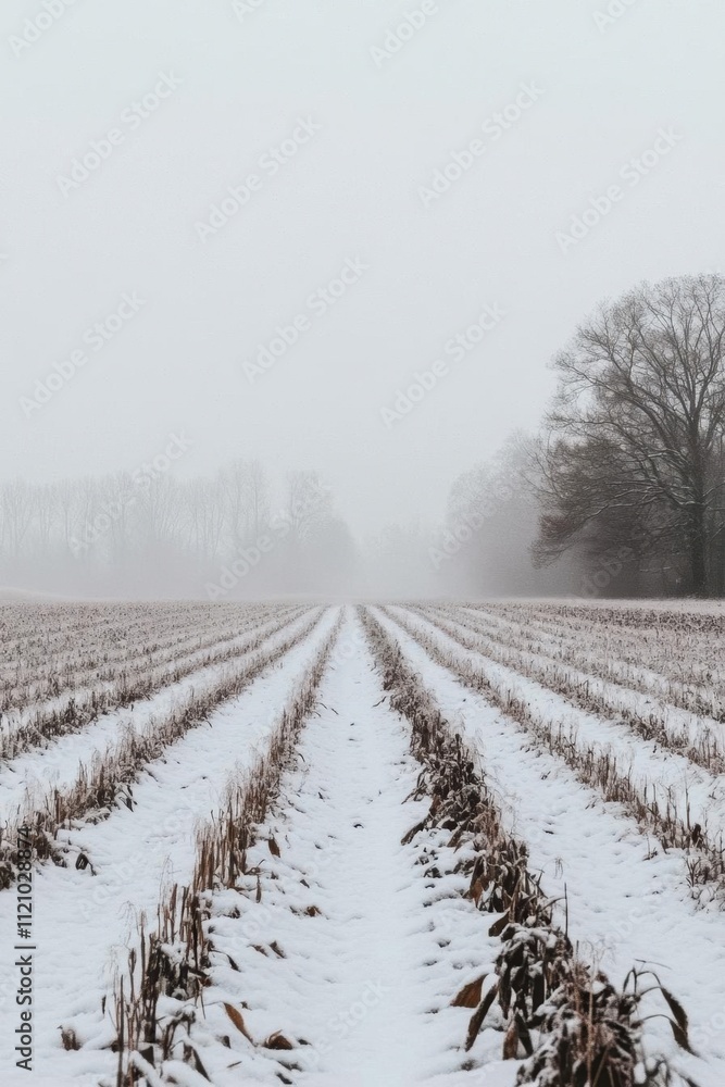 A snowy field with furrows leading into a misty landscape. A snowy field with furrows leading into a misty landscape.