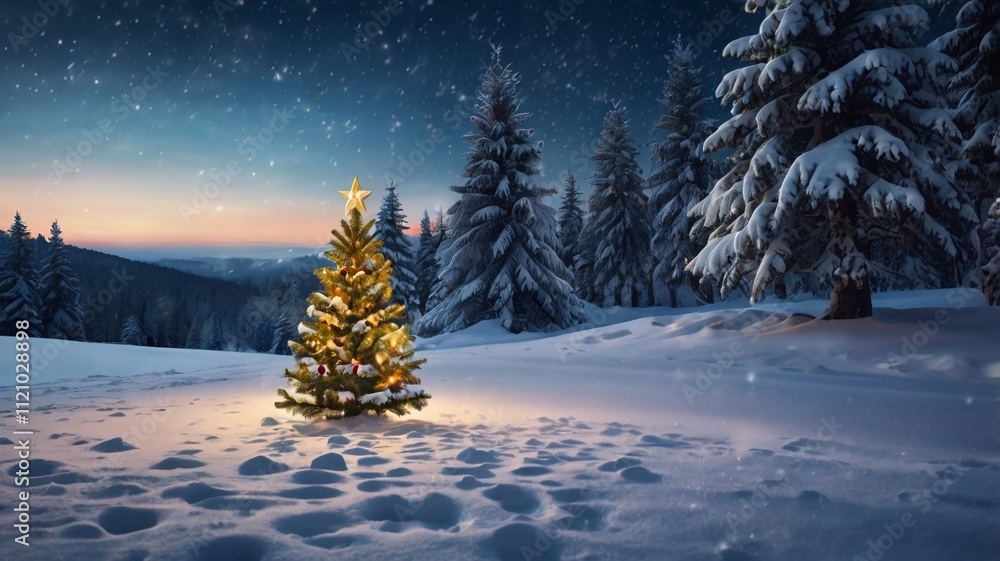 Christmas Tree On Snow In Night With Shiny Star And Gift Boxes In Snowy Forest - Winter Abstract Landscape Christmas Tree On Snow In Night With Shiny Star And Gift Boxes In Snowy Forest - Winter Abstract Landscape