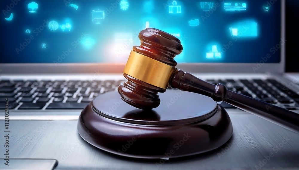 Gavel on laptop keyboard symbolizes cyberlaw, online disputes, and internet regulation. Gavel on laptop keyboard symbolizes cyberlaw, online disputes, and internet regulation.