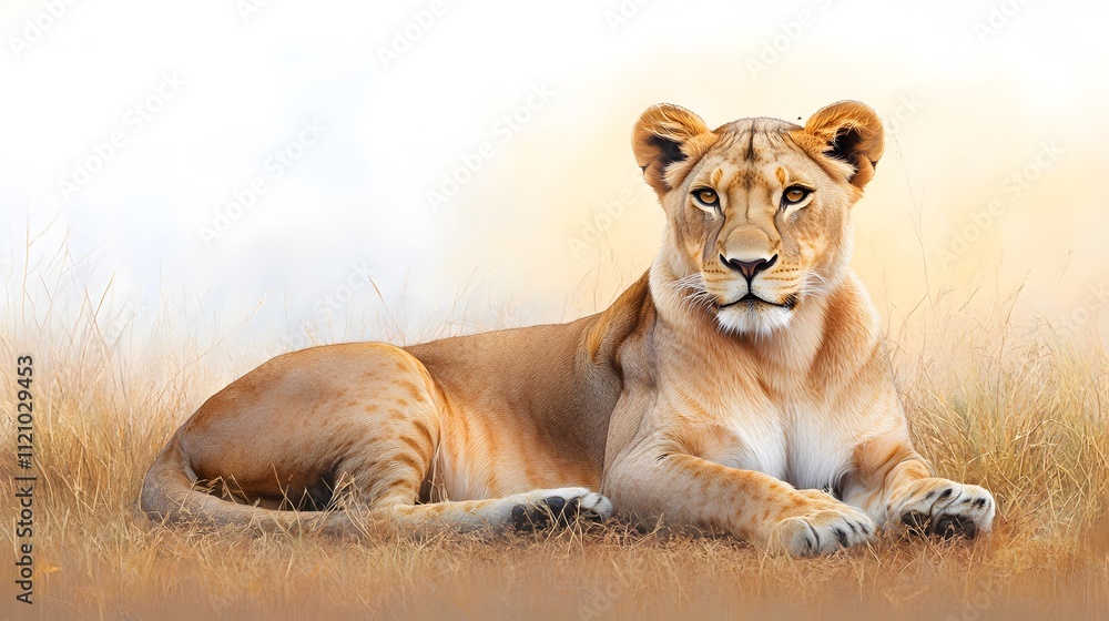 Obraz premium Lioness resting in tall grass african savanna animal photography serene environment close-up view wildlife concept