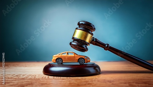 Gavel striking a toy car, depicting legal issues related to automobiles.