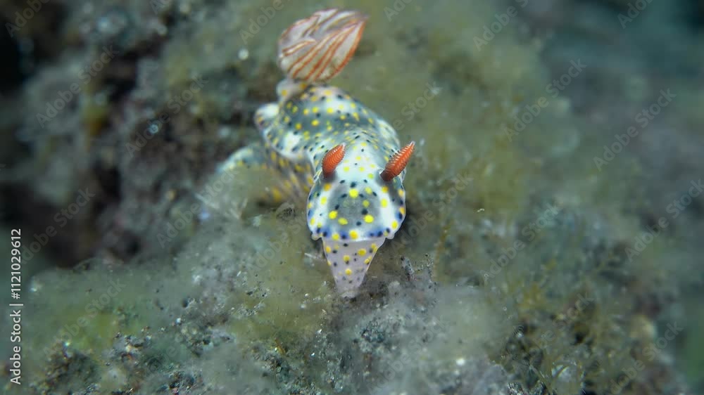 A brightly spotted nudibranch sits among green algae and eats. Roo Hypselodoris (Hypselodoris roo) 40 mm. ID: yellow spots and smaller dark spots. Gill branches with red lines and white spots between. A brightly spotted nudibranch sits among green algae and eats. Roo Hypselodoris (Hypselodoris roo) 40 mm. ID: yellow spots and smaller dark spots. Gill branches with red lines and white spots between.