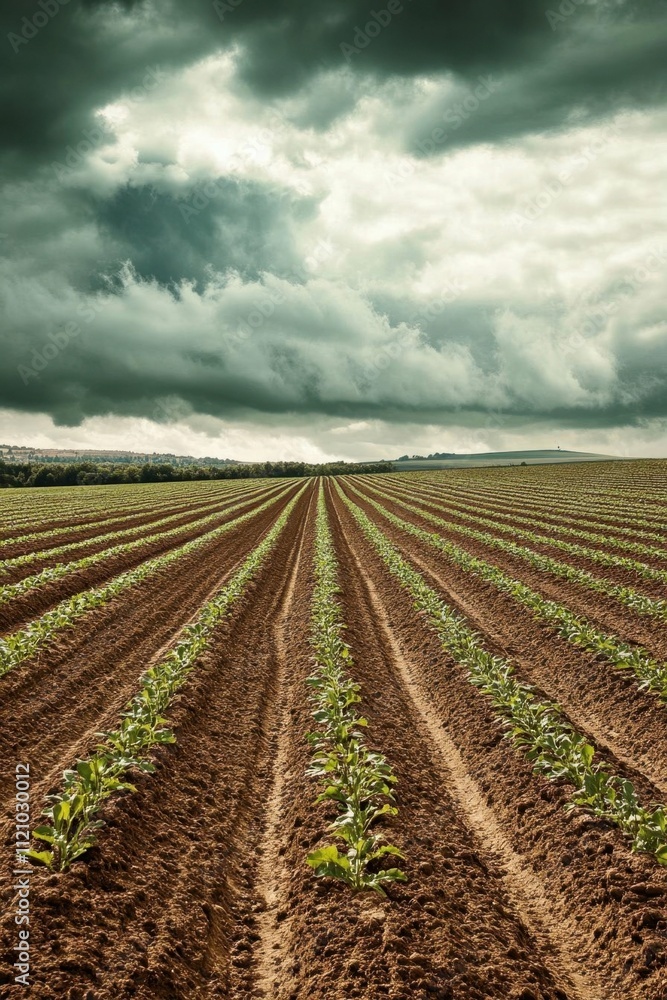 A field with rows of young plants under a dramatic sky. A field with rows of young plants under a dramatic sky.