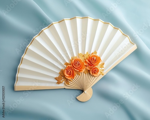 Delicate silk fans with gold embroidery, personalized with the couple s initials, an elegant wedding souvenir photo