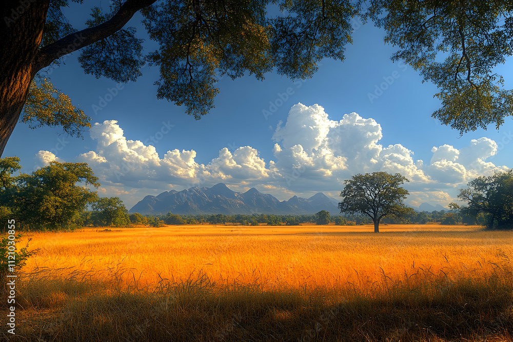 Obraz premium Golden savanna field under a vibrant sky, framed by trees, with mountains in the background.
