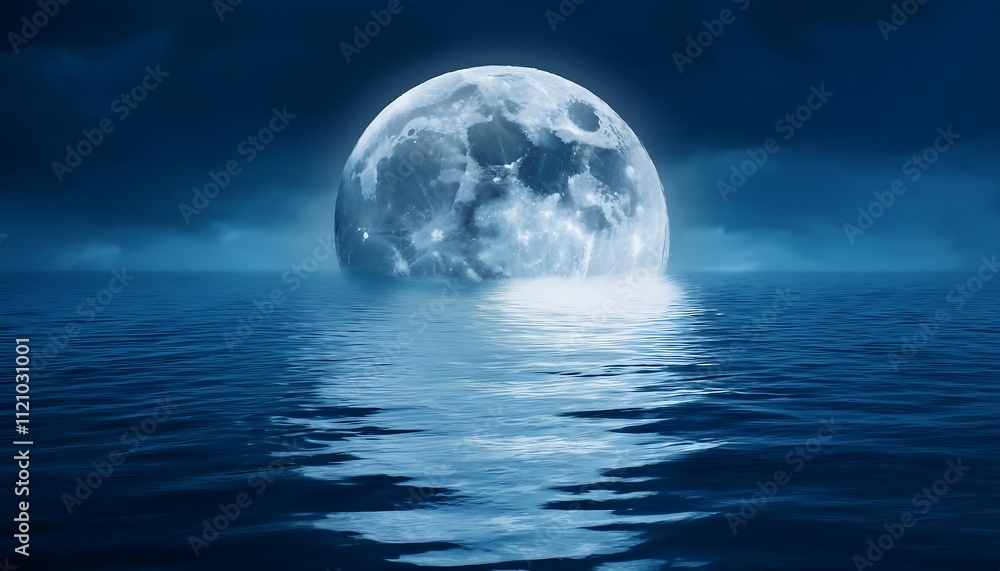 Large, bright full moon appears half-submerged in a calm, dark blue ocean, reflecting light on water's surface. Large, bright full moon appears half-submerged in a calm, dark blue ocean, reflecting light on water's surface.