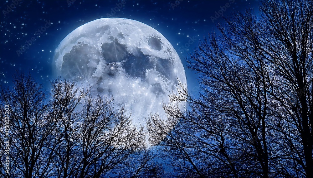 large, bright full moon shines in a dark blue, starry night sky, behind silhouetted bare tree branches.
