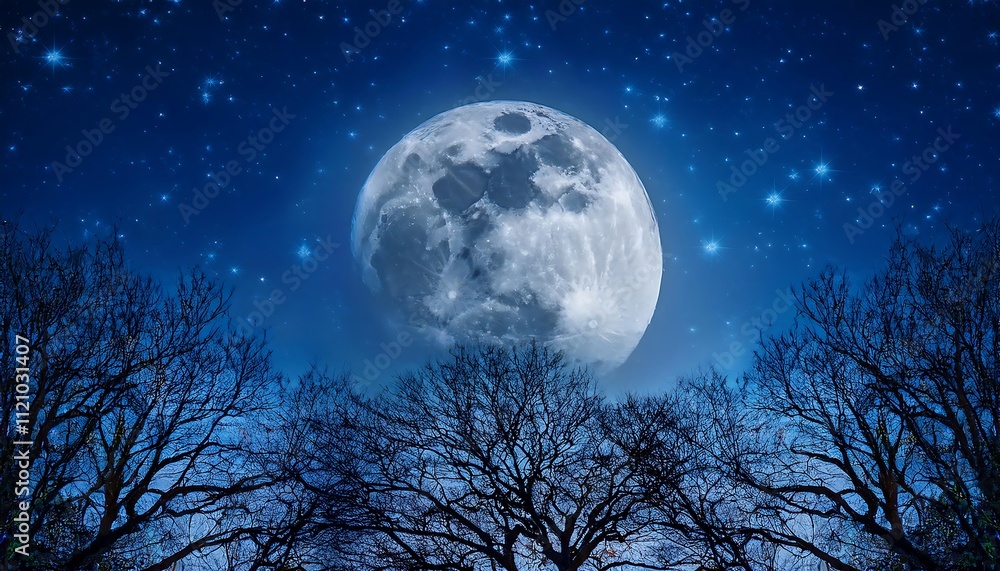 large, bright full moon shines in a dark blue, starry night sky, behind silhouetted bare tree branches. large, bright full moon shines in a dark blue, starry night sky, behind silhouetted bare tree branches.