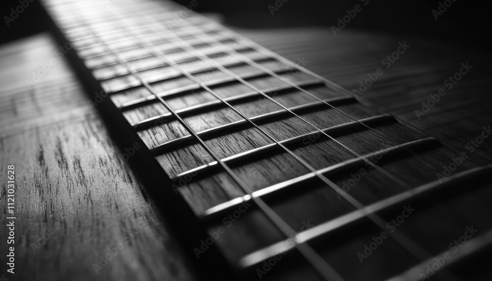 Close-up of a guitar fretboard in black and white. Close-up of a guitar fretboard in black and white.