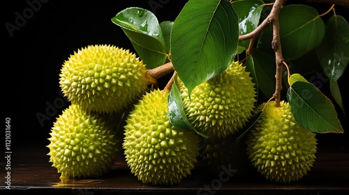 Young green durians on a branch with leaves.