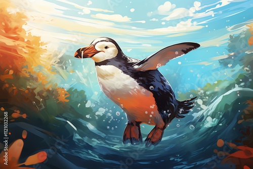 A puffin emerges from the ocean, wings outstretched, holding a fish.
