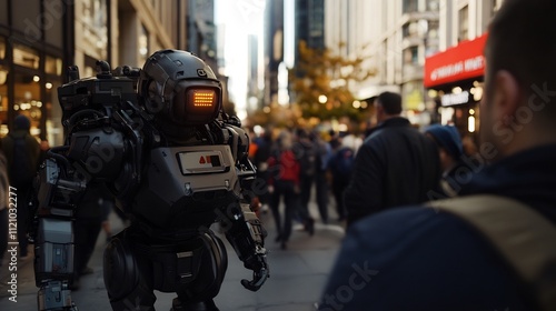 Futuristic Robot in City Crowd: A Glimpse into Tomorrow's Urban Landscape