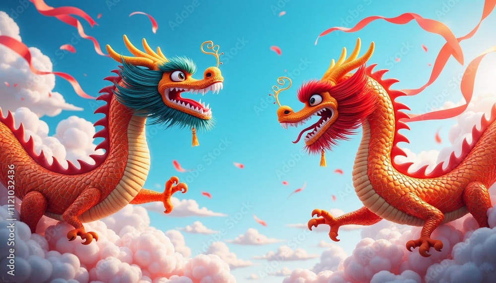 Fototapeta premium Majestic dragon dance backdrop featuring colorful dragon puppets and swirling ribbons against a bright blue sky