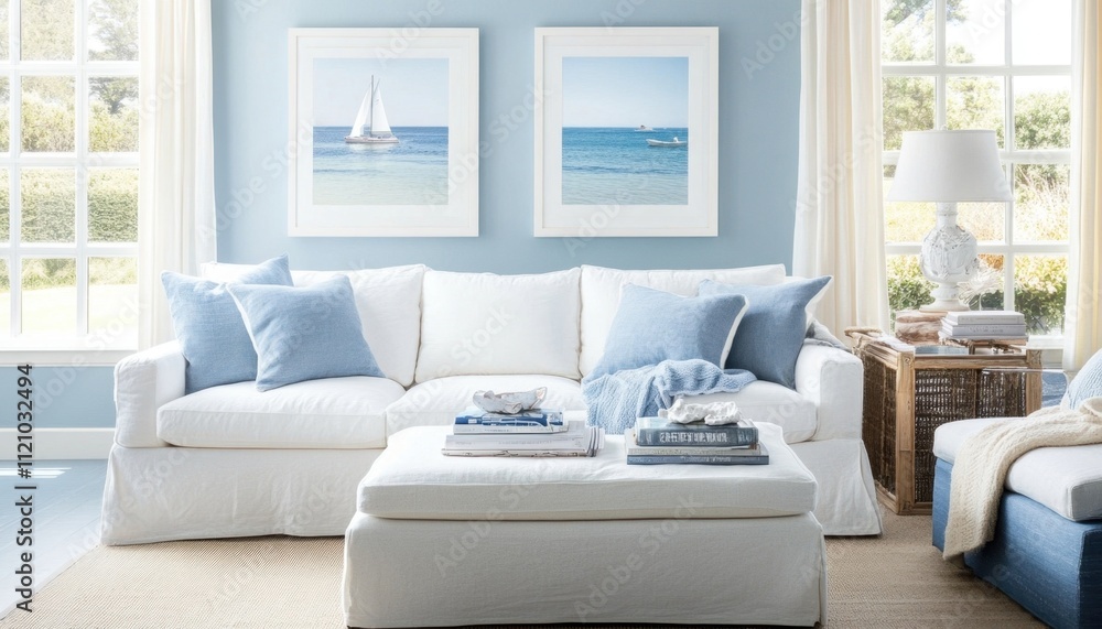 Fototapeta premium A cozy living room with light blue walls and white furniture.