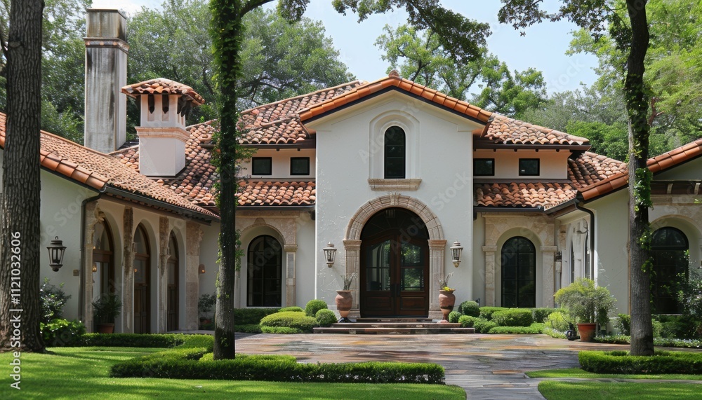 Elegant home with a tiled roof, surrounded by lush greenery. Elegant home with a tiled roof, surrounded by lush greenery.