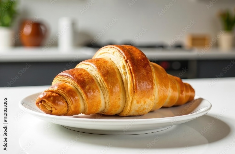 A warm, golden croissant rests on a white plate in a modern kitchen, inviting a delightful breakfast moment A warm, golden croissant rests on a white plate in a modern kitchen, inviting a delightful breakfast moment